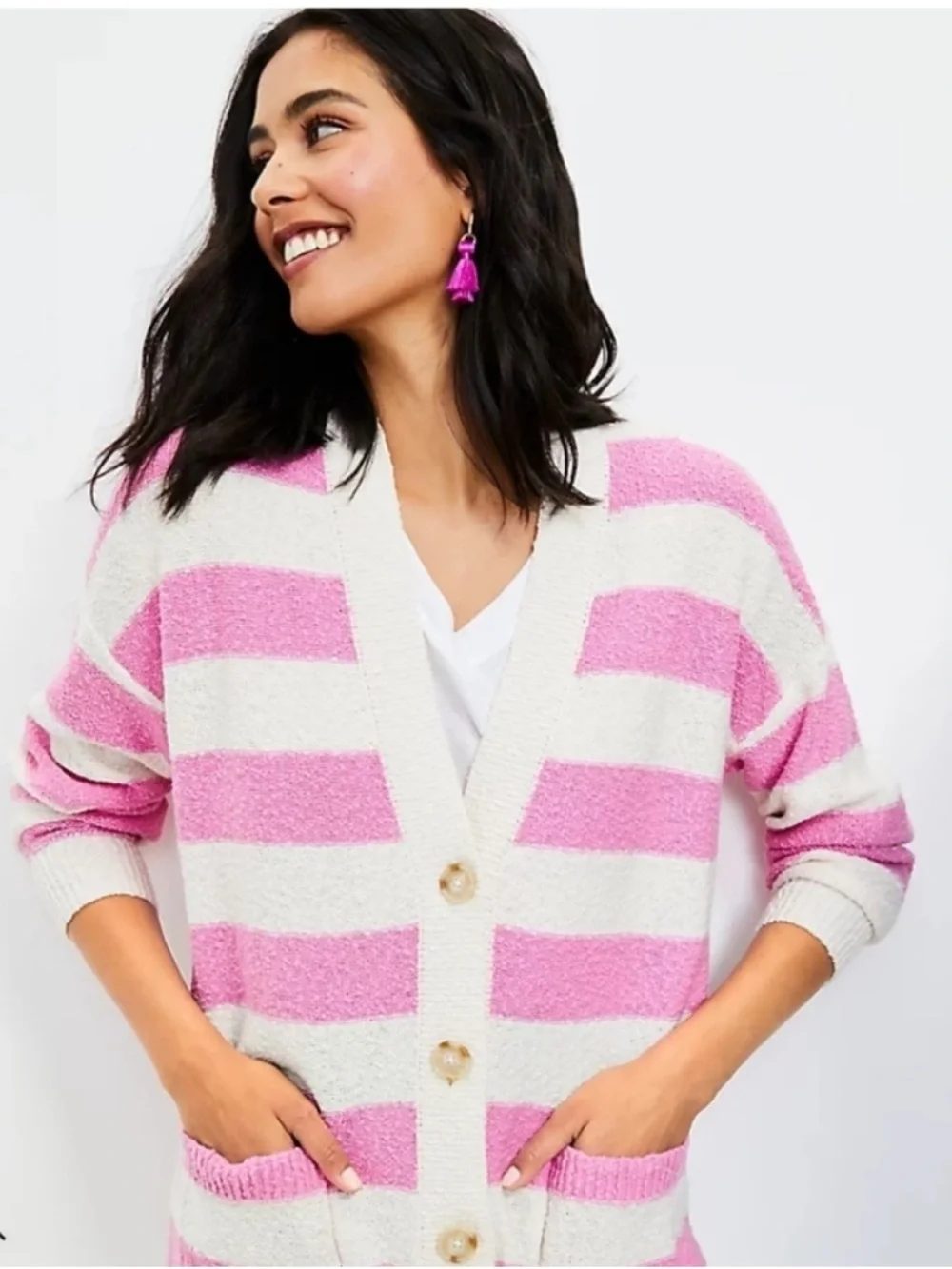 Loft Women’s Size Large Cardigan Sweater Light Pink White Stripes V-Neck Button